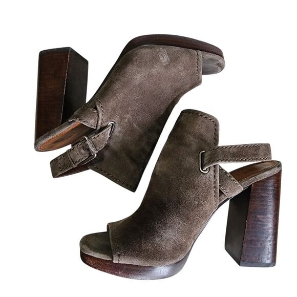 FRYE Karissa Brown Suede Mules with Chunky Wooden Heel and Peep-Toe - 8M - Picture 5 of 10